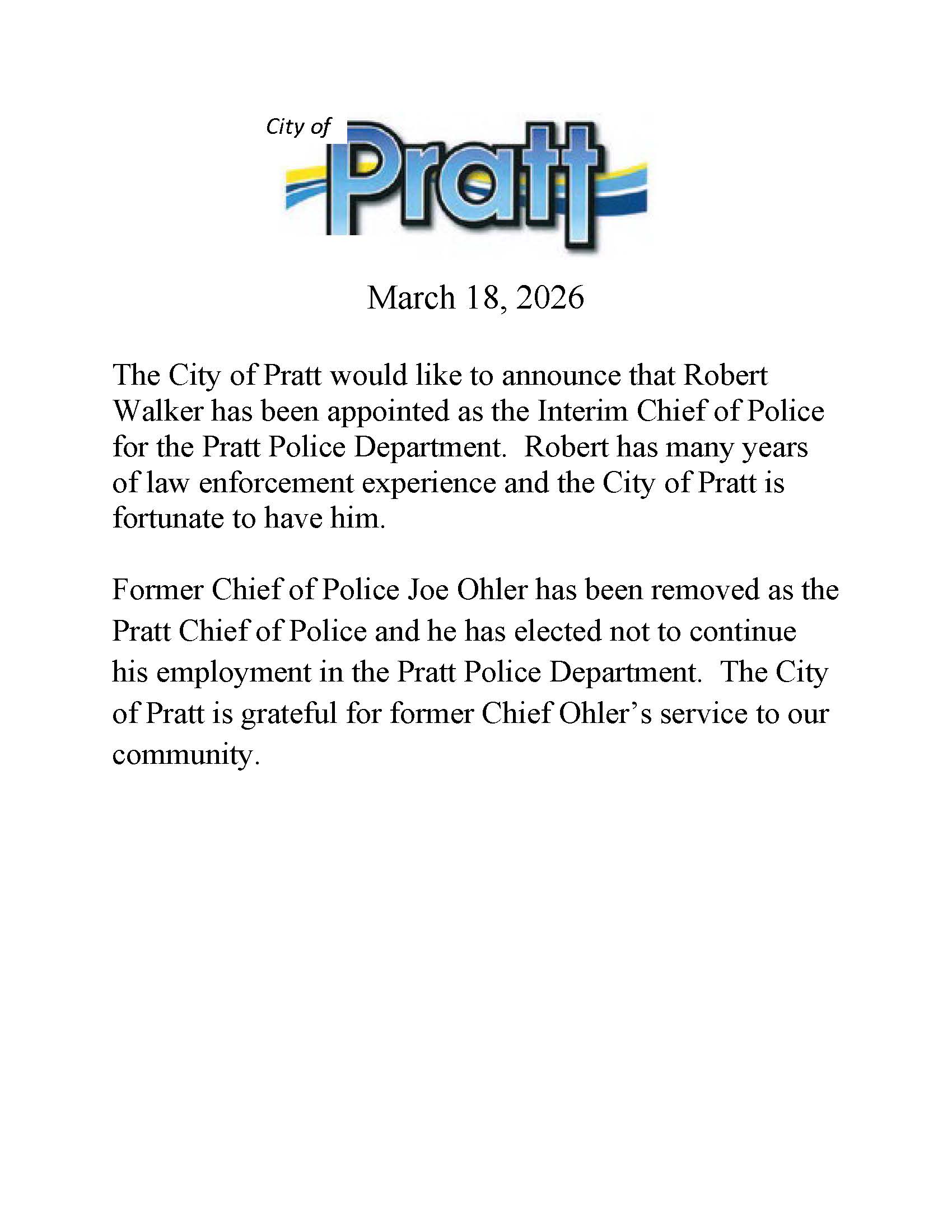 Announcement for Interim Chief Walker Appointment